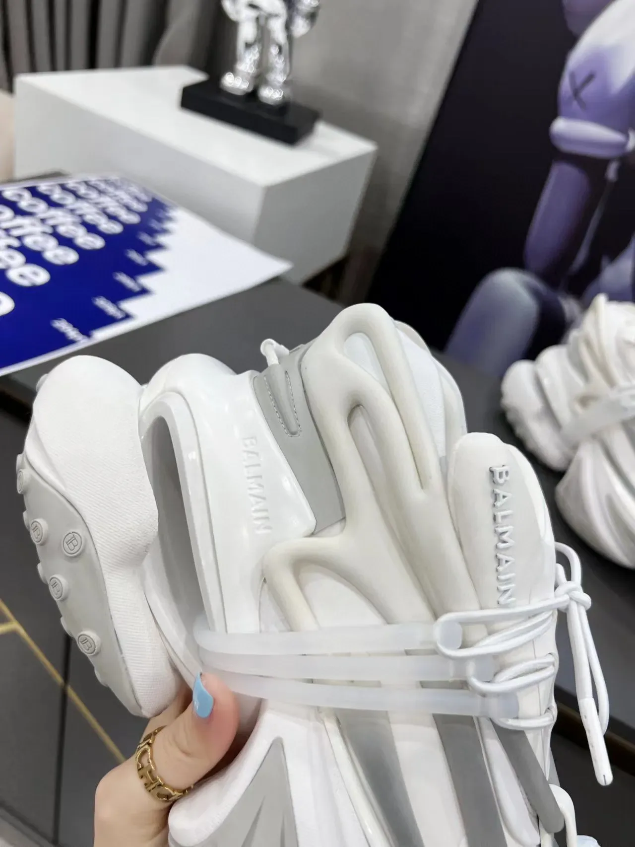 Balmain White Gray Sculpted Sole Asymmetrical Lacing Chunky Sneakers 3