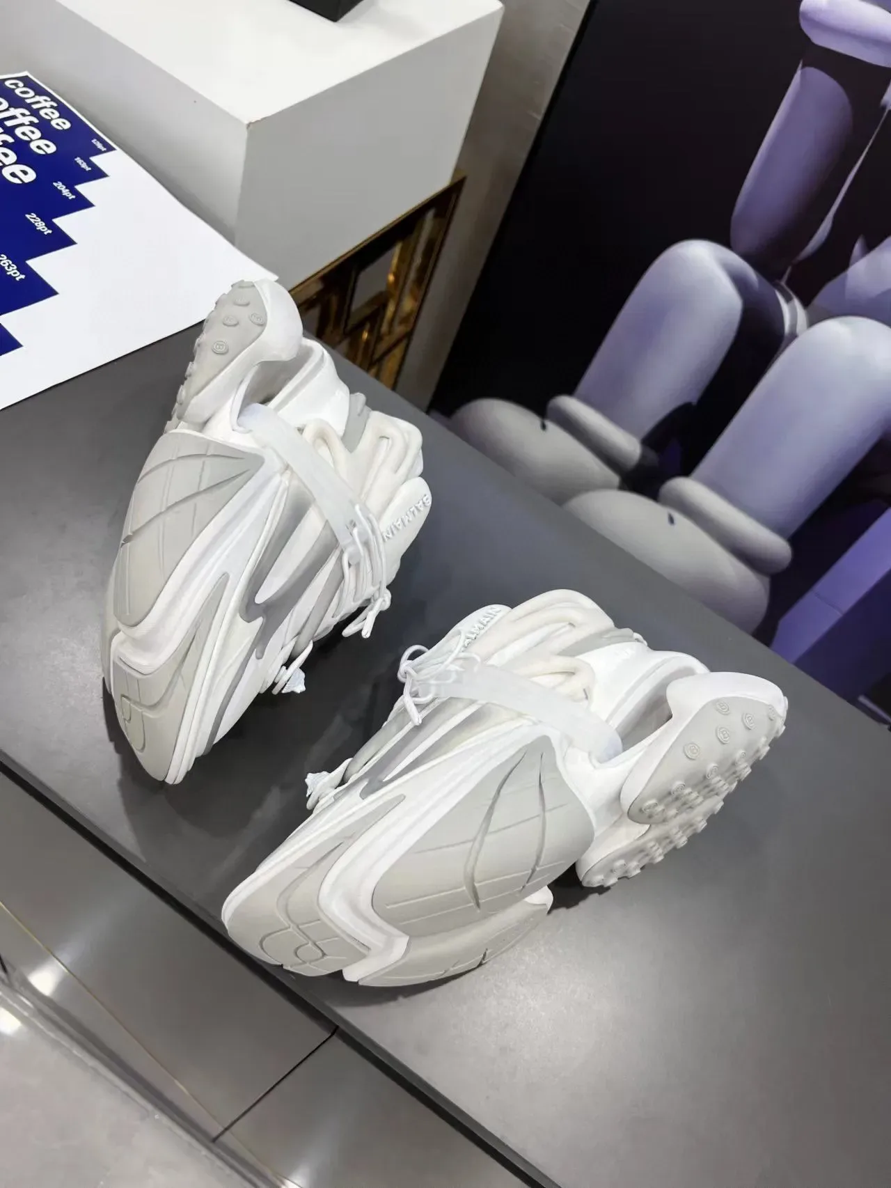 Balmain White Gray Sculpted Sole Asymmetrical Lacing Chunky Sneakers 4