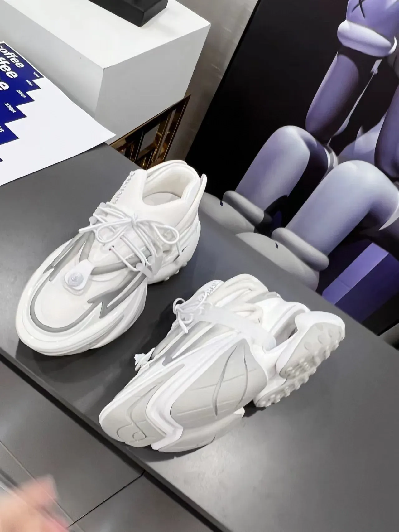 Balmain White Gray Sculpted Sole Asymmetrical Lacing Chunky Sneakers 5
