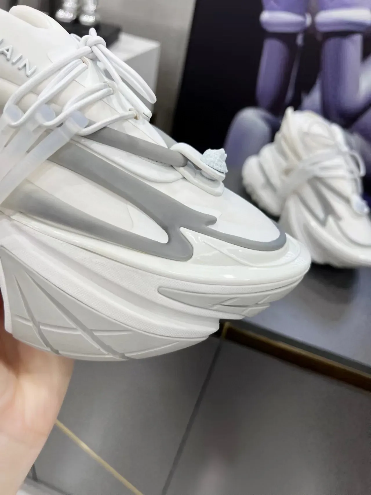 Balmain White Gray Sculpted Sole Asymmetrical Lacing Chunky Sneakers 6