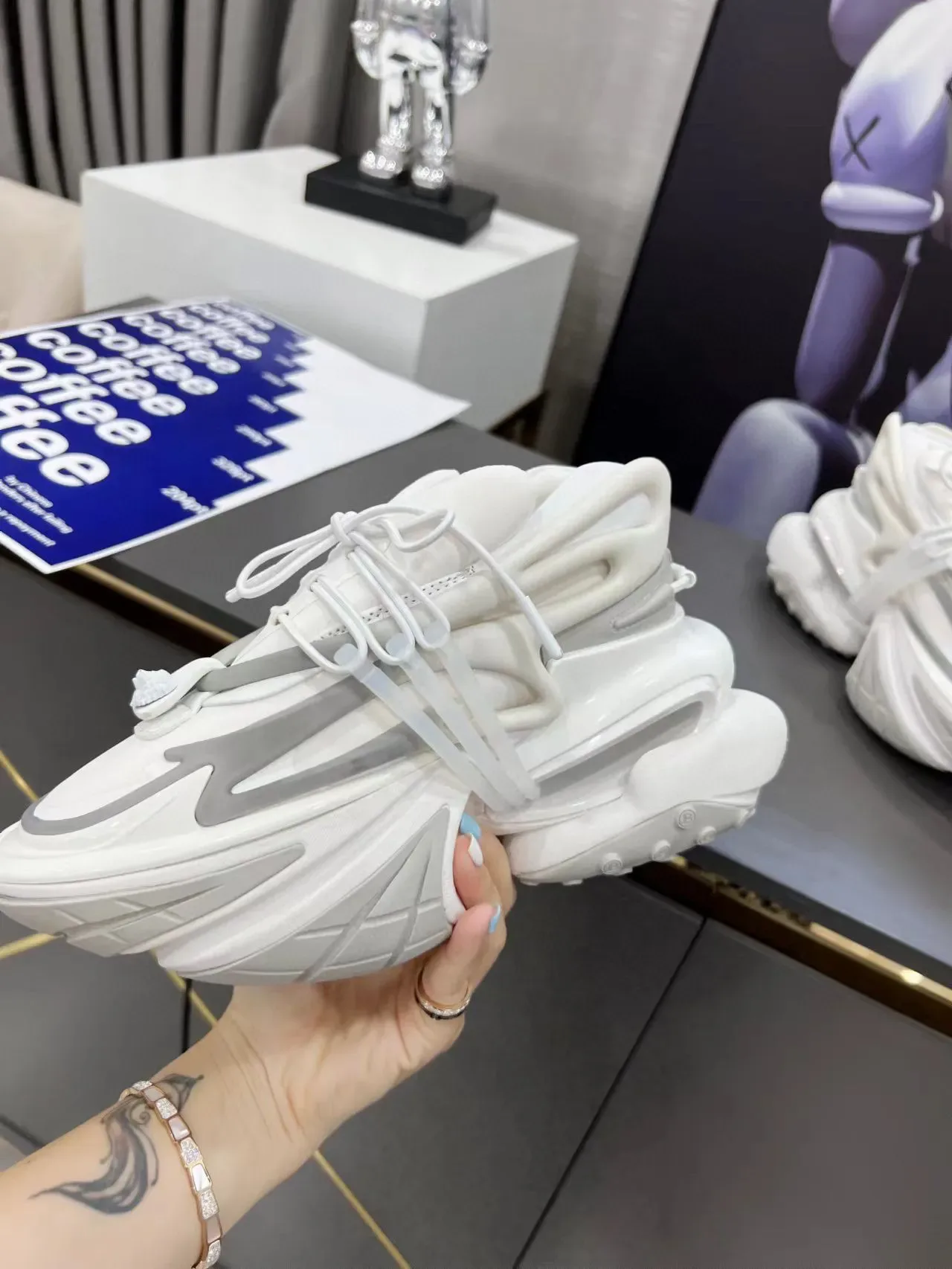 Balmain White Gray Sculpted Sole Asymmetrical Lacing Chunky Sneakers 7