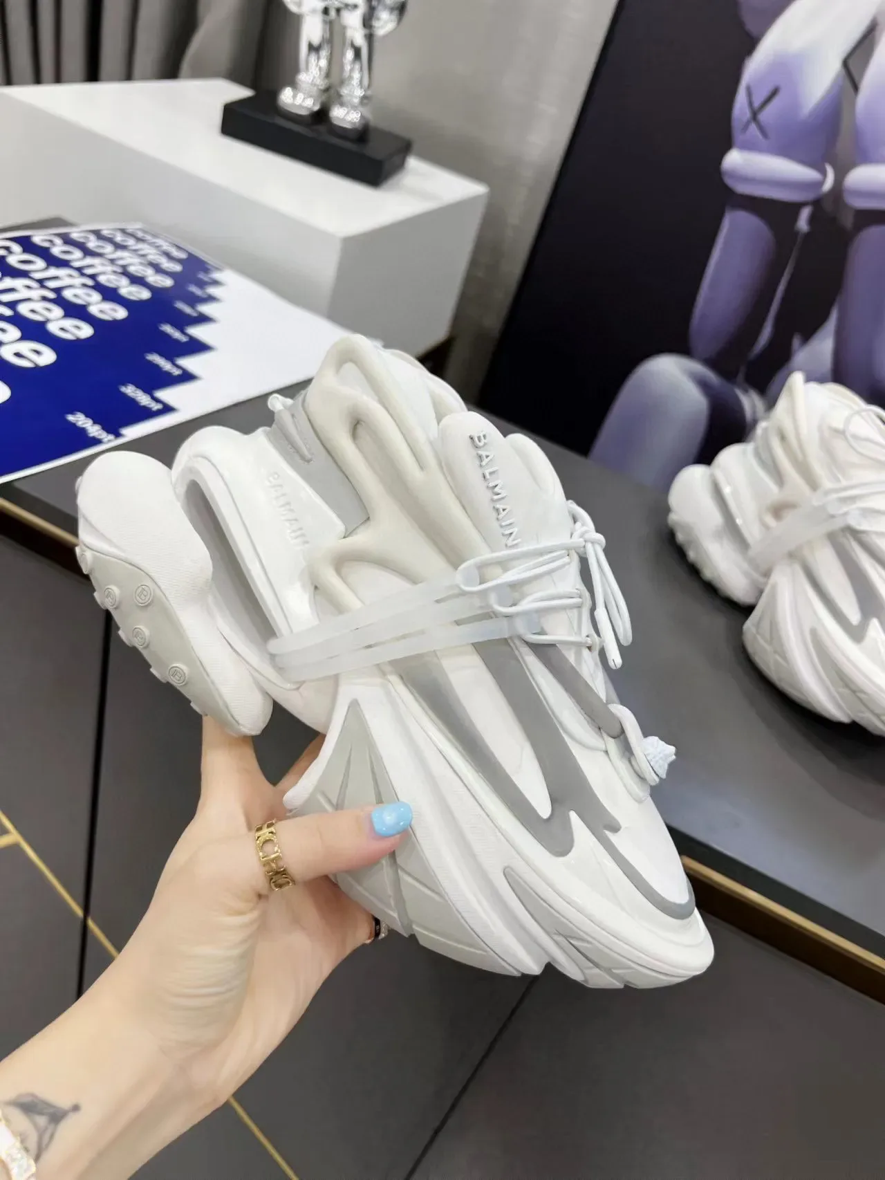 Balmain White Gray Sculpted Sole Asymmetrical Lacing Chunky Sneakers 8