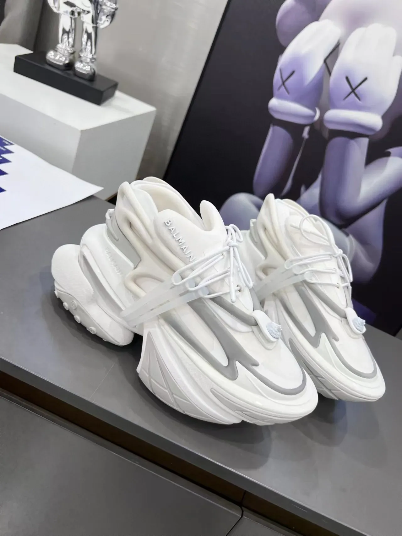 Balmain White Gray Sculpted Sole Asymmetrical Lacing Chunky Sneakers 9