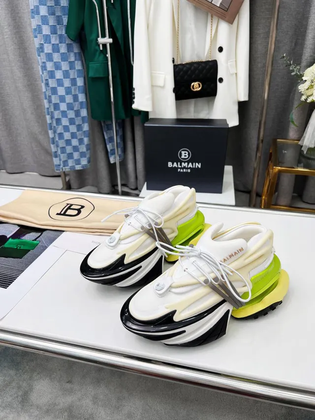 Balmain White Green Platform Sole Multi-Layered Construction Chunky Sneakers 2