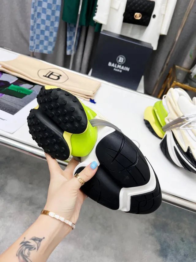 Balmain White Green Platform Sole Multi-Layered Construction Chunky Sneakers 3