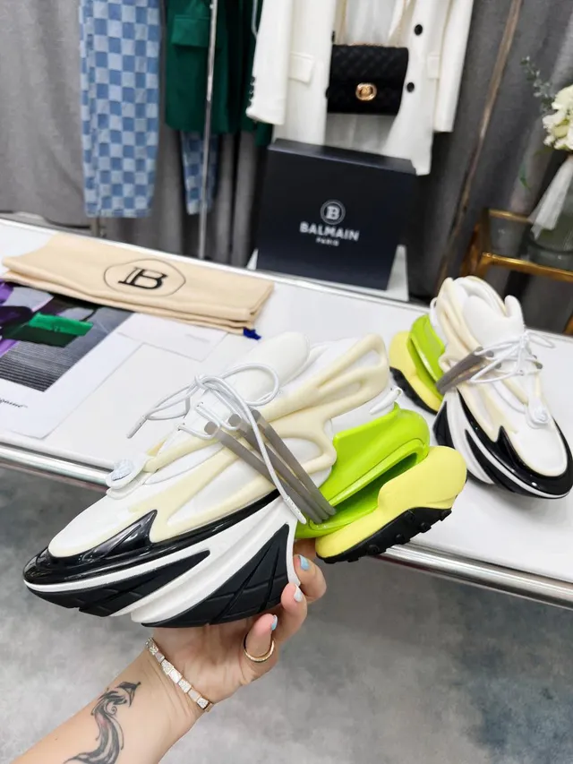 Balmain White Green Platform Sole Multi-Layered Construction Chunky Sneakers 5