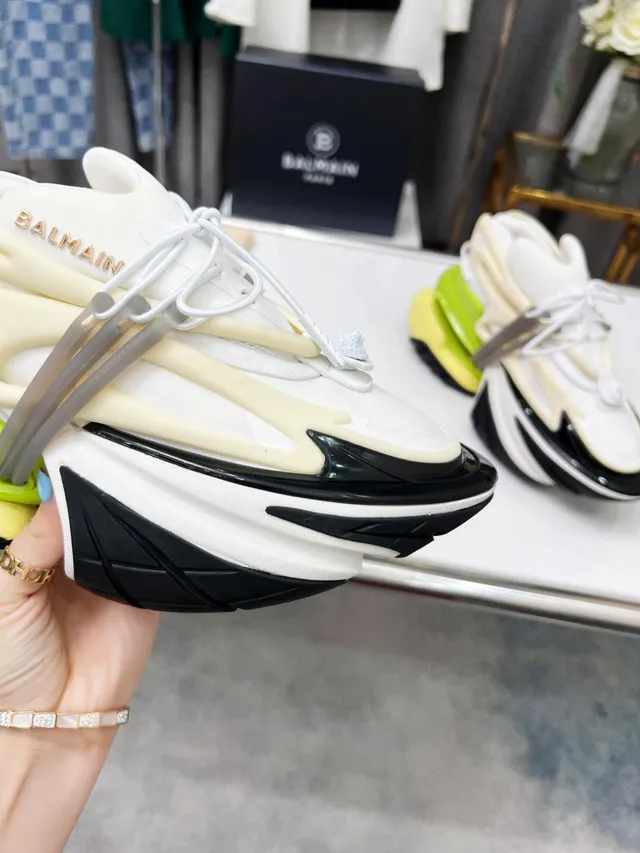 Balmain White Green Platform Sole Multi-Layered Construction Chunky Sneakers 8