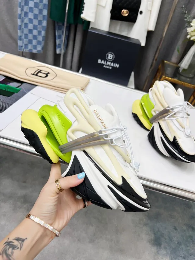 Balmain White Green Platform Sole Multi-Layered Construction Chunky Sneakers 9