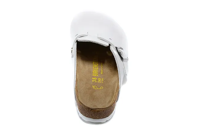 Birkenstock Boston chinelo branco de uma tira com fivela 4