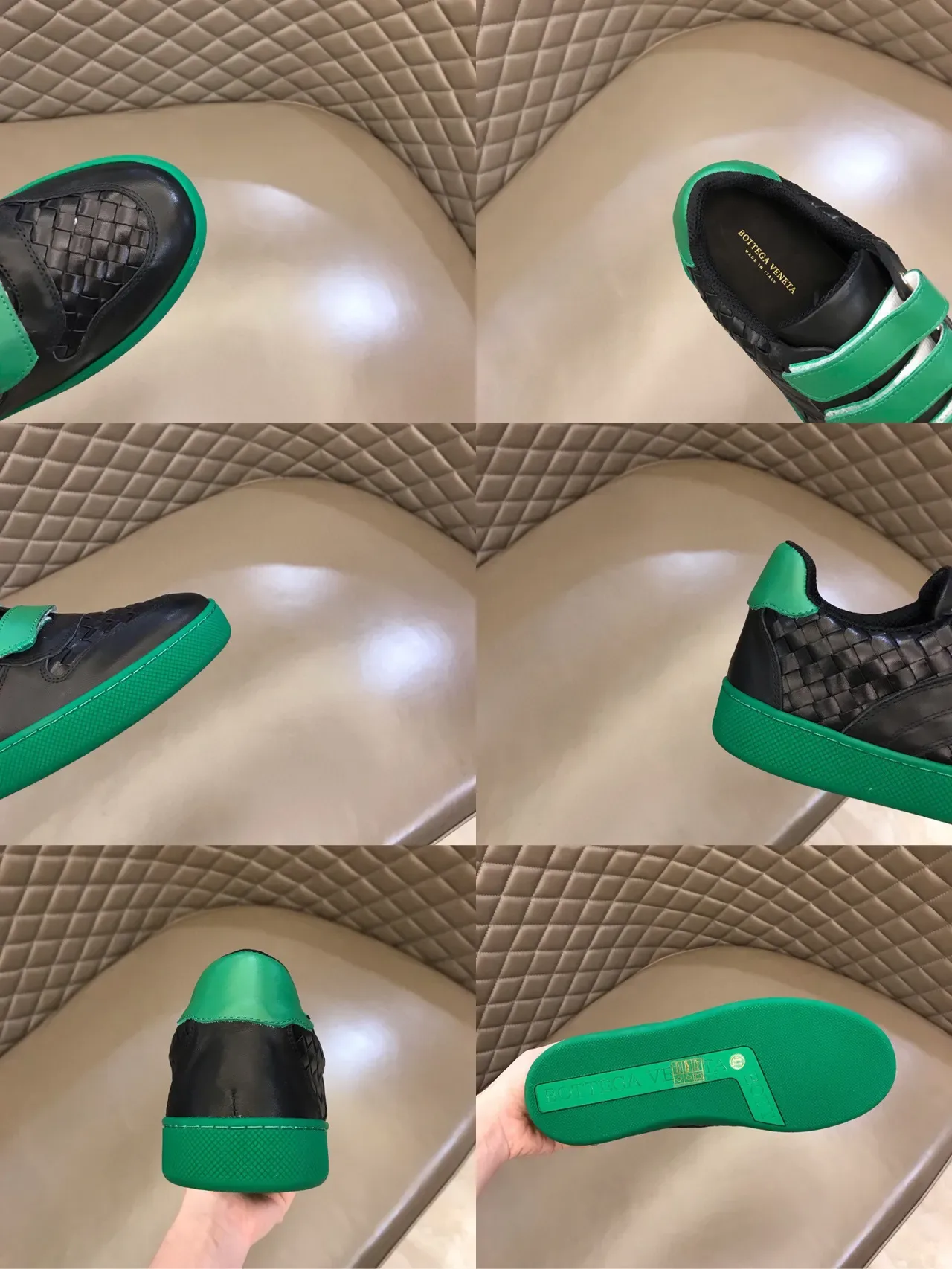 Bottega Veneta Black Green Woven Leather Velcro Strap Closure Lifestyle Sneakers 2