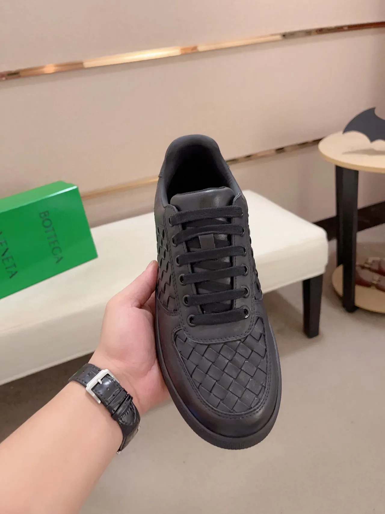 Bottega Veneta Cassette Black Woven Leather Lifestyle Sneakers 2