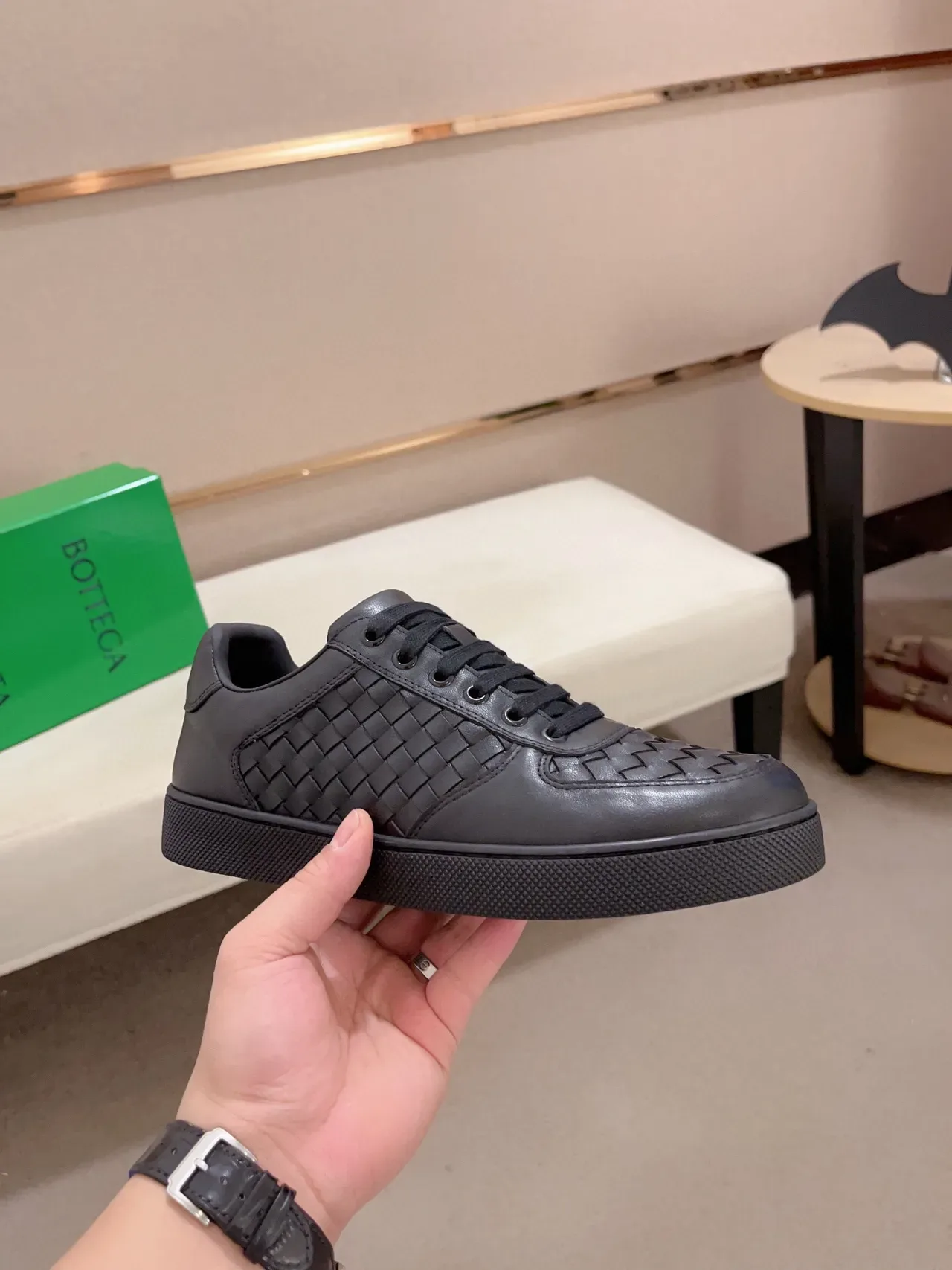 Bottega Veneta Cassette Black Woven Leather Lifestyle Sneakers 4