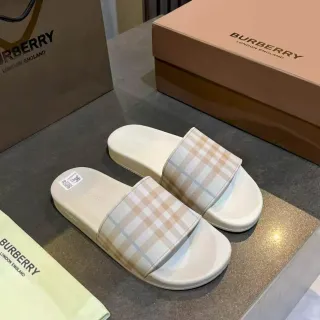 Burberry Beige White Single-Strap Check-Pattern Slippers