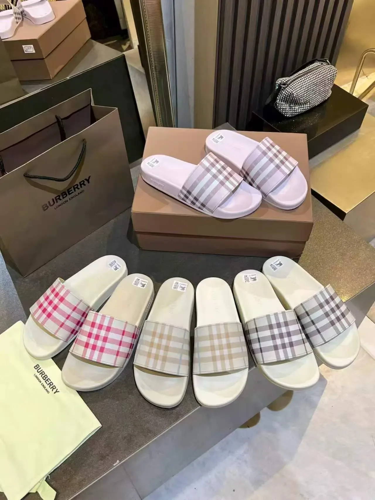 Burberry Beige White Single-Strap Check-Pattern Slippers 2