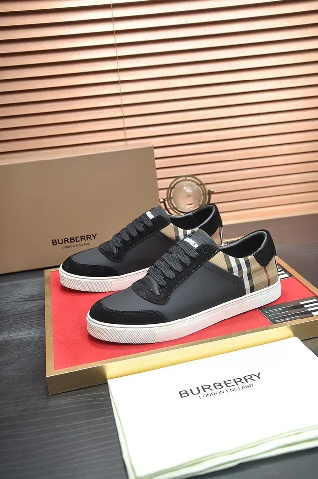 Burberry Noir Beige Maison Check Panel Daim Pointe Style de Vie Sneakers 8