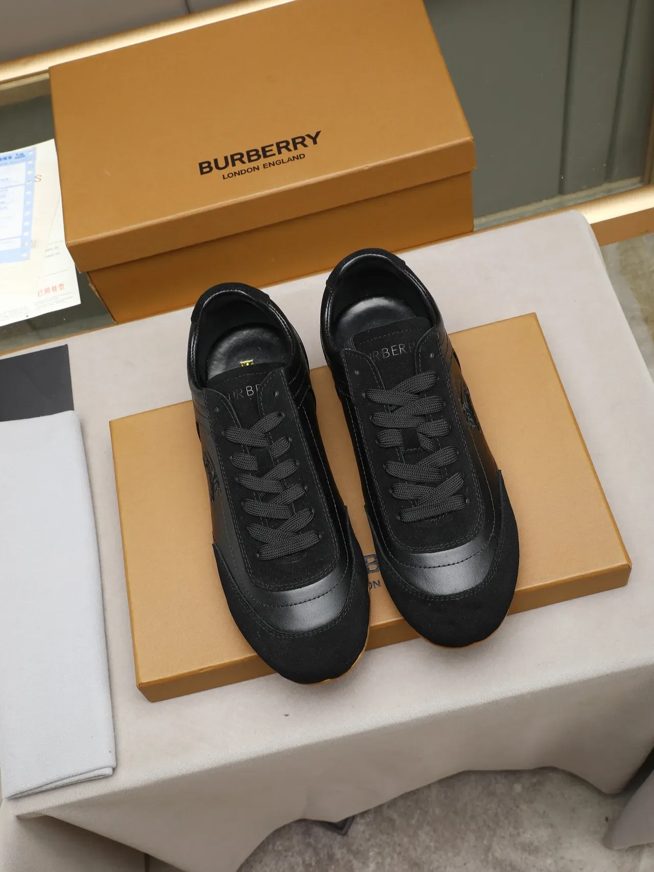 Burberry Negro Marrón Bordado Caballero Ecuestre Cuero Y Ante Lifestyle Sneakers 3
