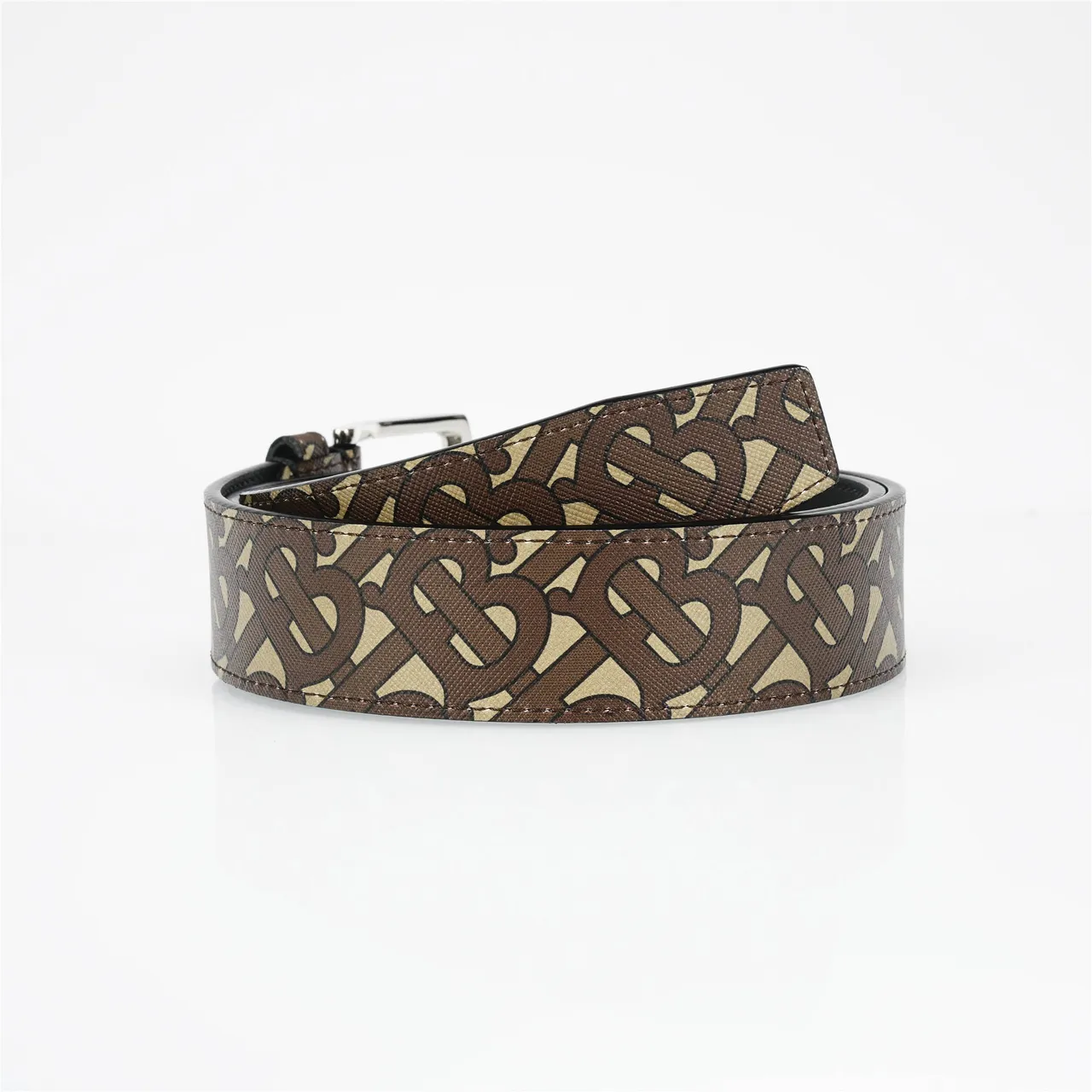 Burberry Brown Beige Monogram-Print Rectangular-Buckle Leather Belt 3