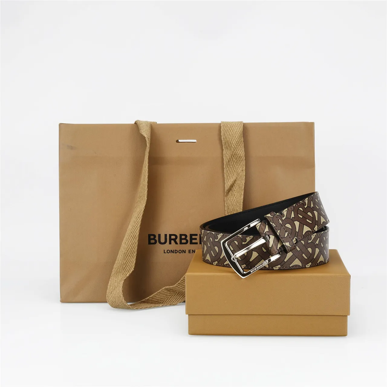 Burberry Brown Beige Monogram-Print Rectangular-Buckle Leather Belt 4