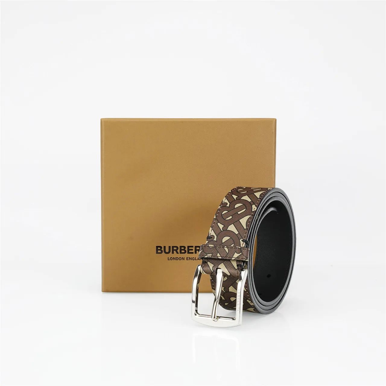 Burberry Brown Beige Monogram-Print Rectangular-Buckle Leather Belt 5