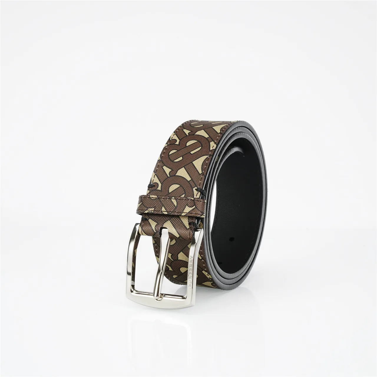 Burberry Brown Beige Monogram-Print Rectangular-Buckle Leather Belt 6