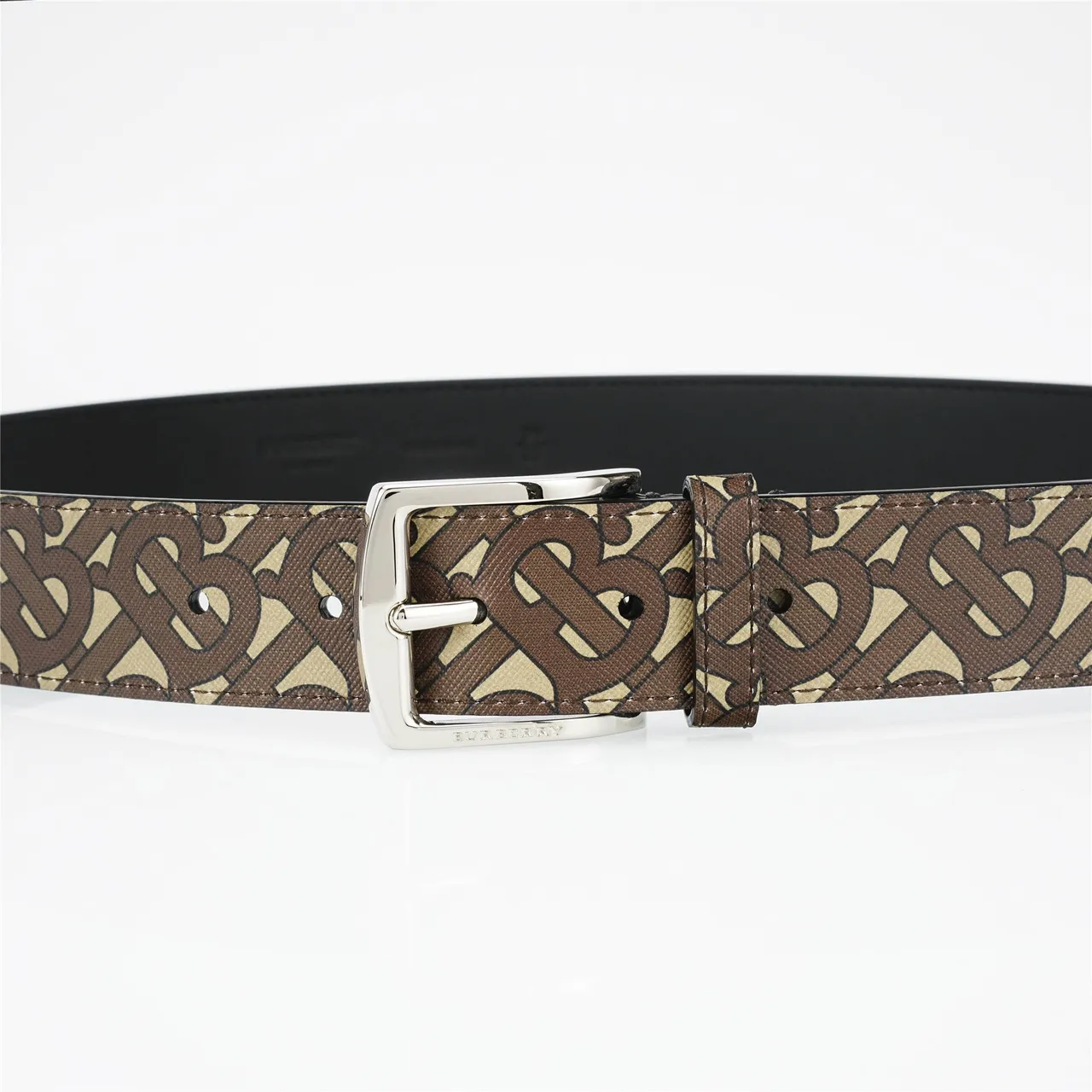Burberry Brown Beige Monogram-Print Rectangular-Buckle Leather Belt 8