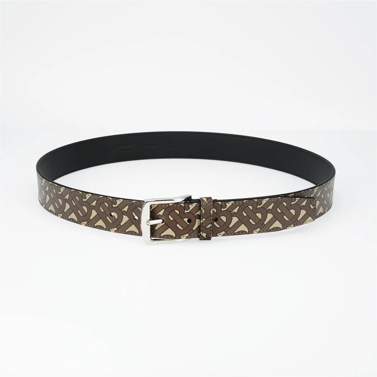 Burberry Brown Beige Monogram-Print Rectangular-Buckle Leather Belt 9