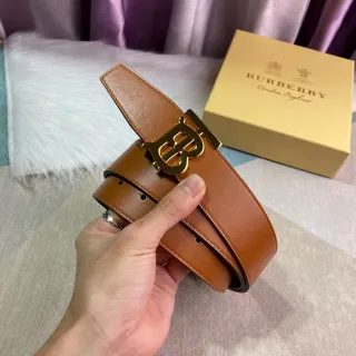 Burberry ब्राउन गोल्ड स्मूथ फुल-ग्रेन इंटरलॉकिंग TB बकल लेदर बेल्ट