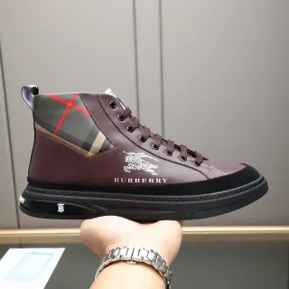 Burberry Burgundy Black High-Top Leather-and-Check-Panel Lifestyle Sneakers