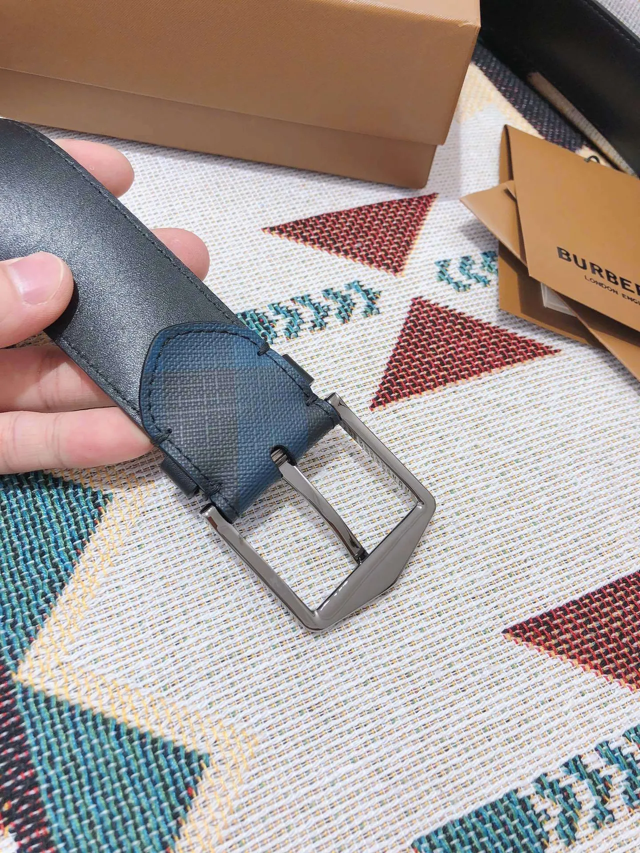 Burberry Diagonal Check Navy Leather Belt 2