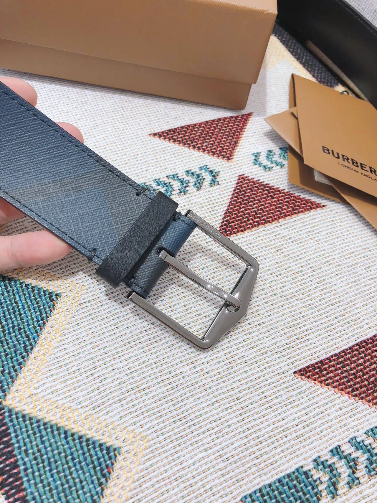 Burberry Diagonal Check Navy Leather Belt 3