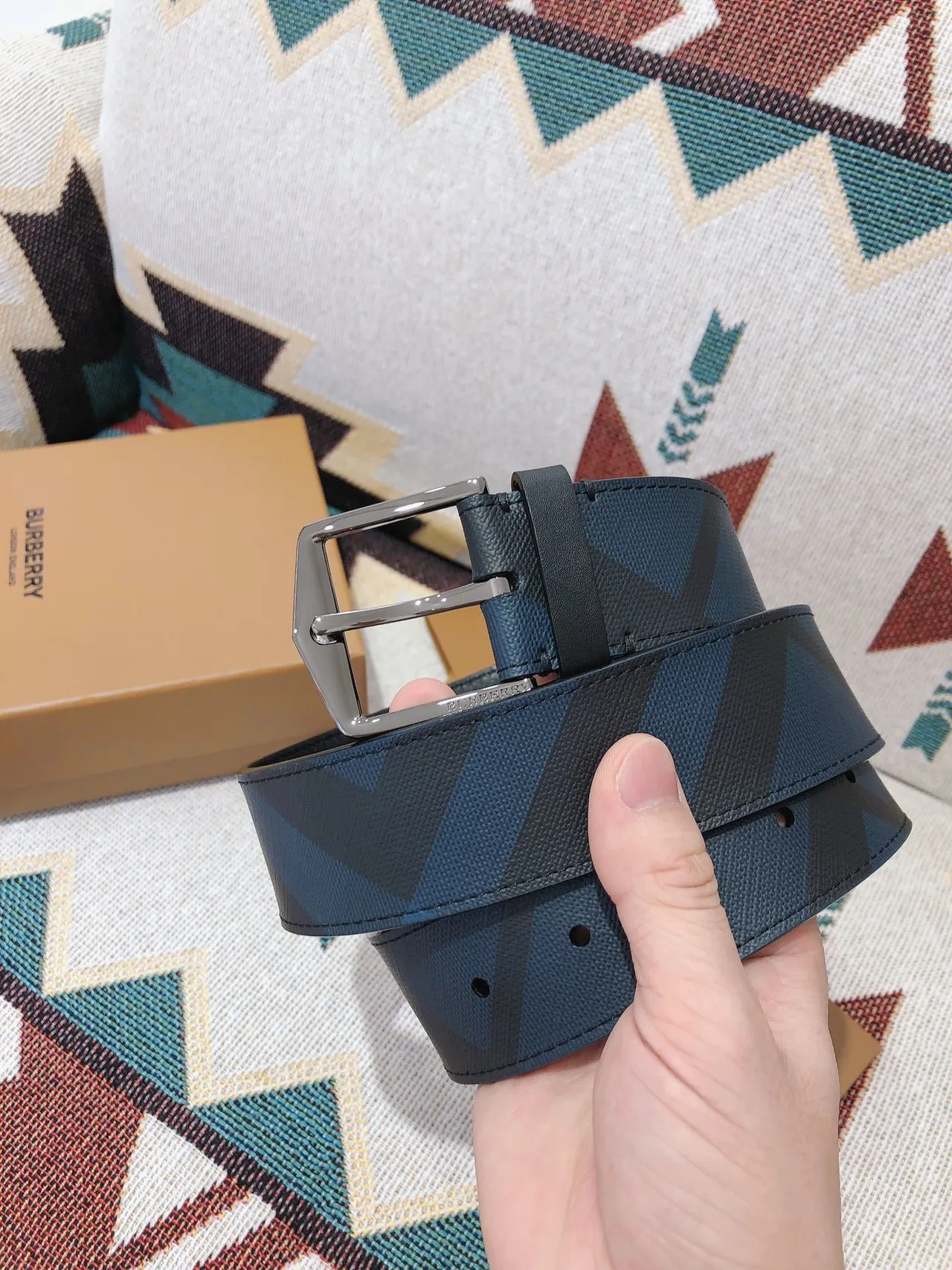 Burberry Diagonal Check Navy Leather Belt 4