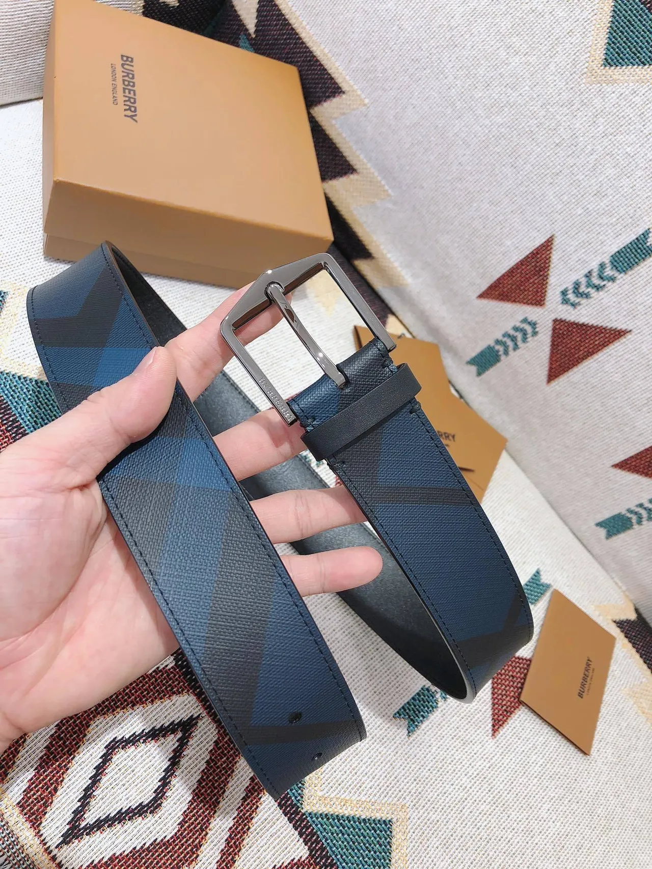Burberry Diagonal Check Navy Leather Belt 5