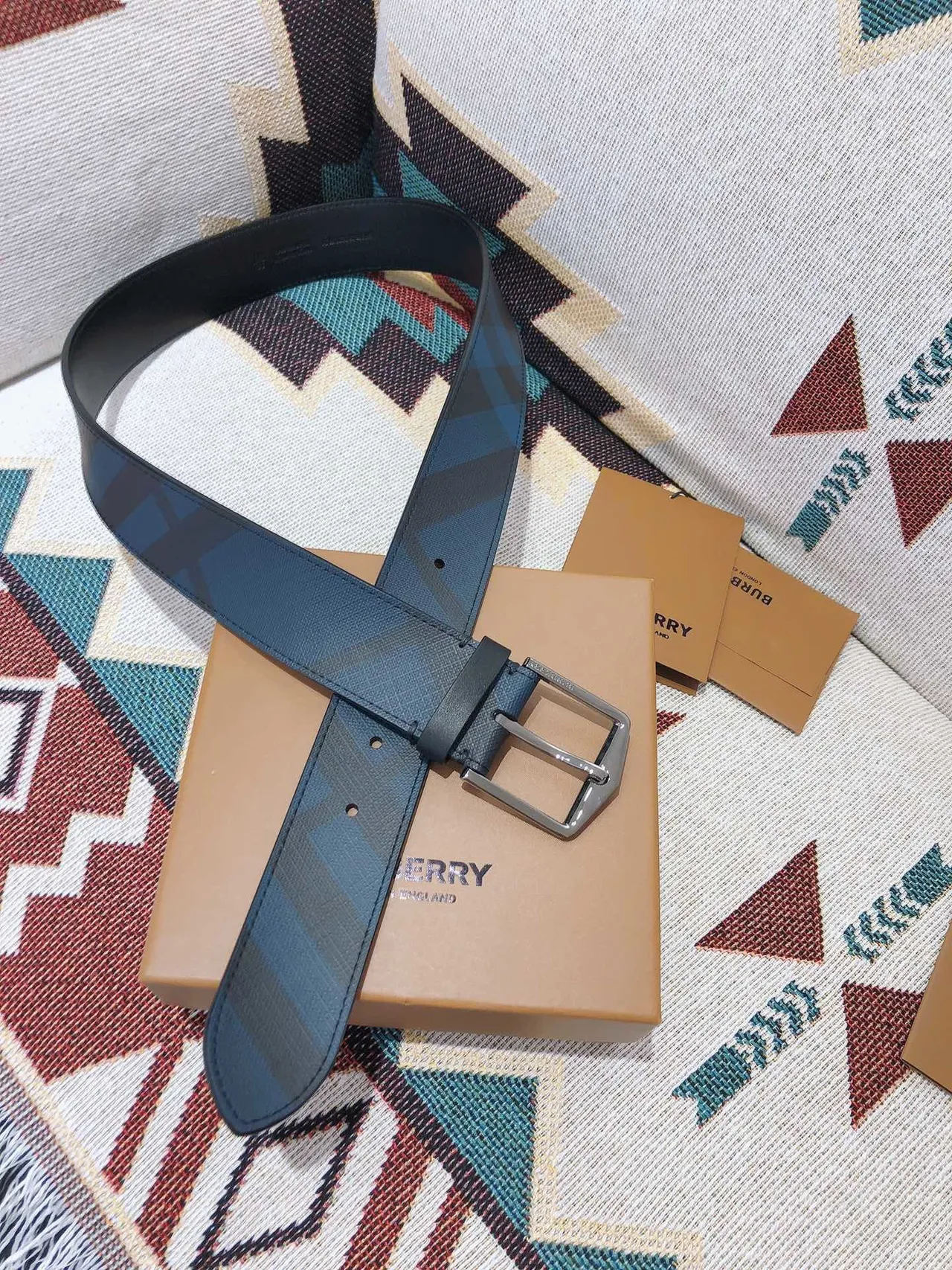 Burberry Diagonal Check Navy Leather Belt 6