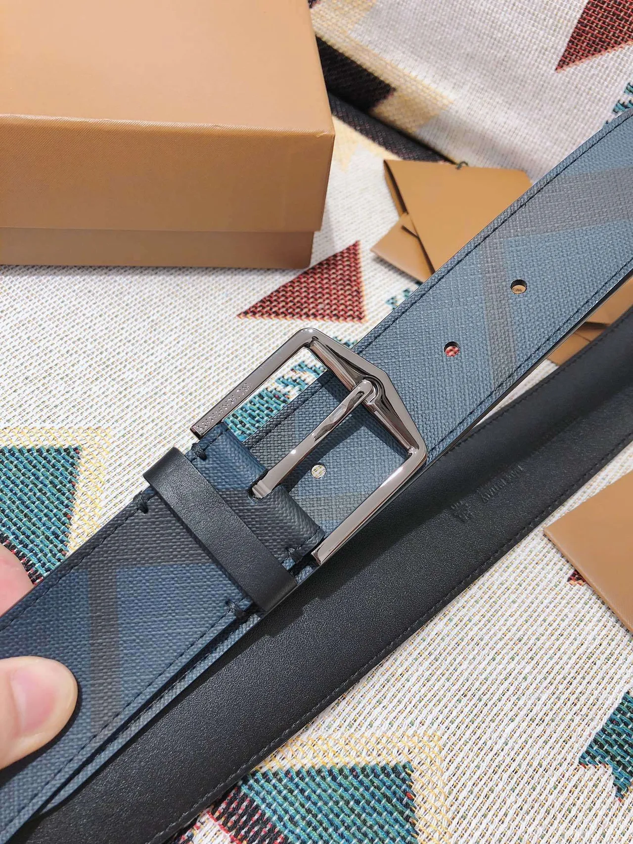 Burberry Diagonal Check Navy Leather Belt 8