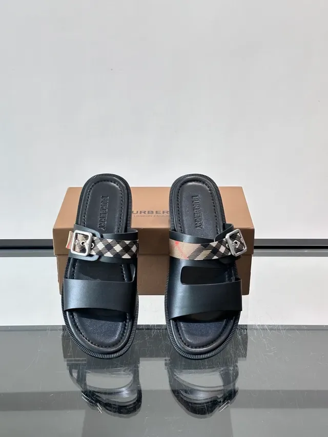 Burberry House Check Slide Navy Beige Double Sangle Boucle Sandales Casual 10