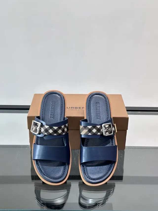 Burberry House Check Slide Navy Beige Double Sangle Boucle Sandales Casual 11