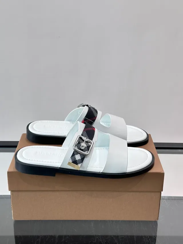 Burberry House Check Slide Navy Beige Double Sangle Boucle Sandales Casual 14