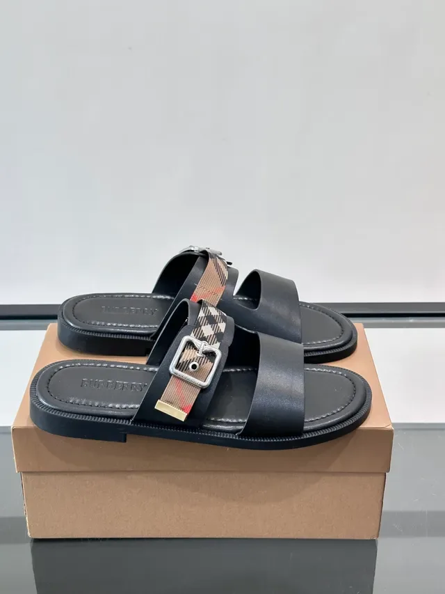 Burberry House Check Slide Navy Beige Double Sangle Boucle Sandales Casual 15