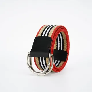 Burberry House Stripe Belt Red Beige Woven Striped Fabric Black Leather Keeper Canvas Belt