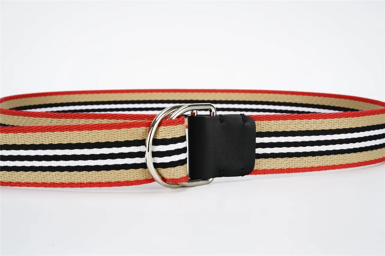 Burberry House Stripe Belt Red Beige Woven Striped Fabric Black Leather Keeper Canvas Belt 3