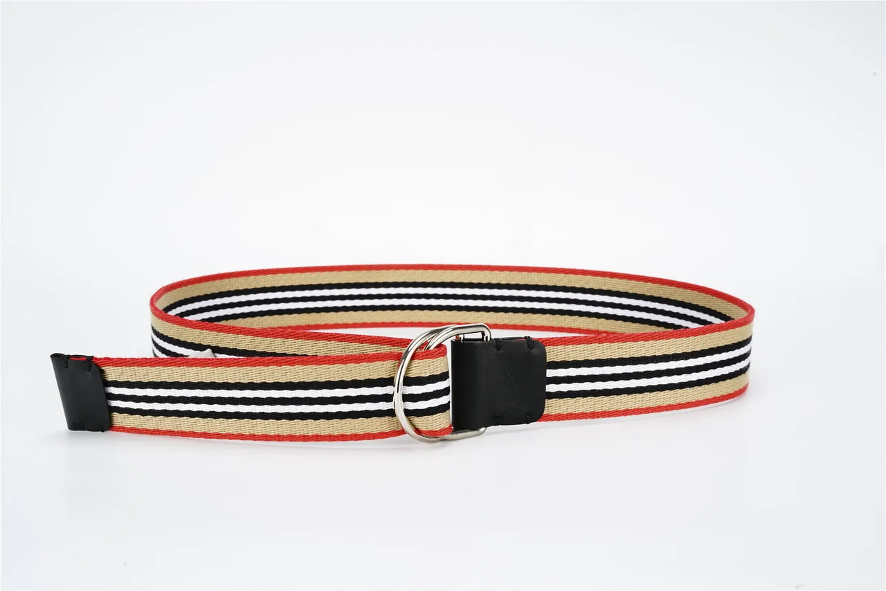 Burberry House Stripe Belt Red Beige Woven Striped Fabric Black Leather Keeper Canvas Belt 4