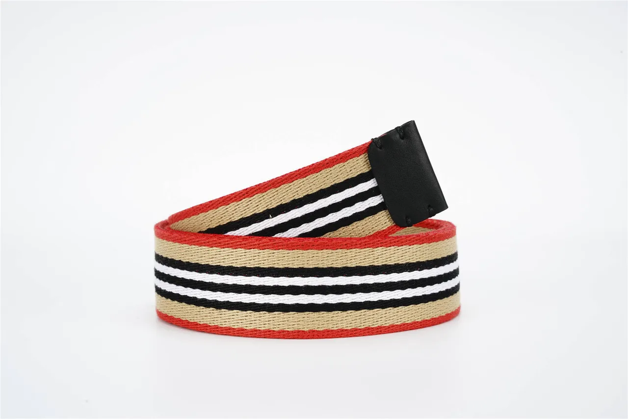 Burberry House Stripe Belt Red Beige Woven Striped Fabric Black Leather Keeper Canvas Belt 5