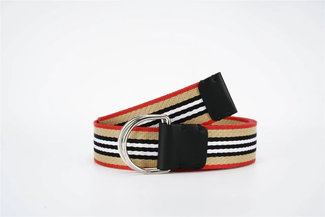 Burberry House Stripe Belt Red Beige Woven Striped Fabric Black Leather Keeper Canvas Belt 6