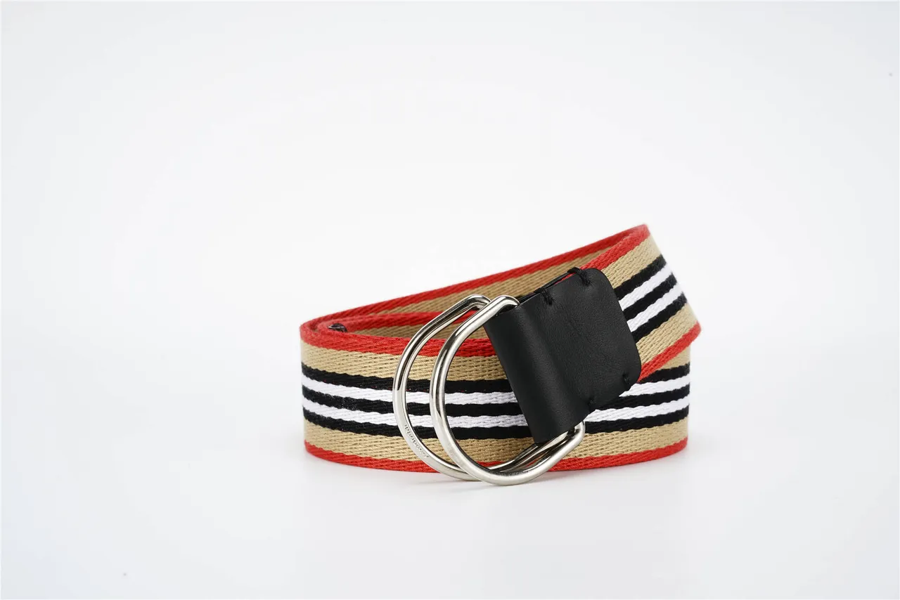 Burberry House Stripe Belt Red Beige Woven Striped Fabric Black Leather Keeper Canvas Belt 7