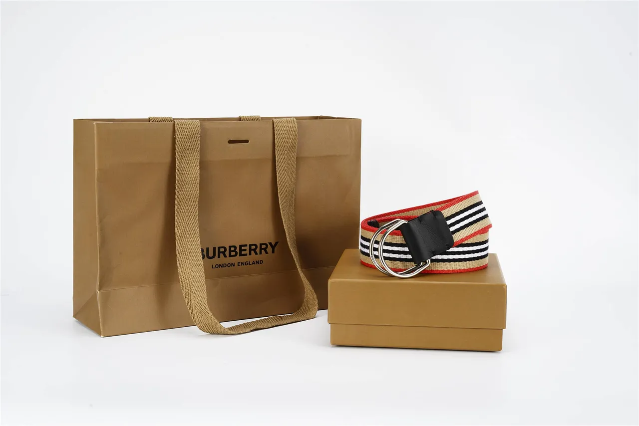 Burberry House Stripe Belt Red Beige Woven Striped Fabric Black Leather Keeper Canvas Belt 8