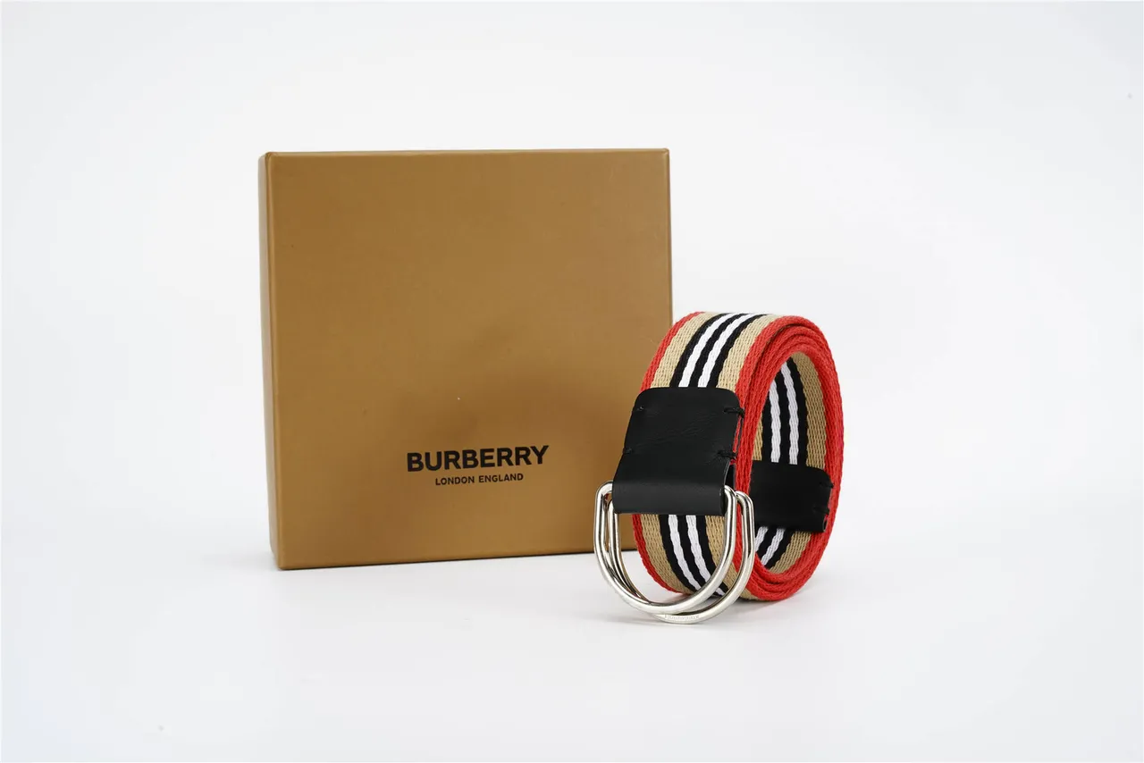 Burberry House Stripe Belt Red Beige Woven Striped Fabric Black Leather Keeper Canvas Belt 9