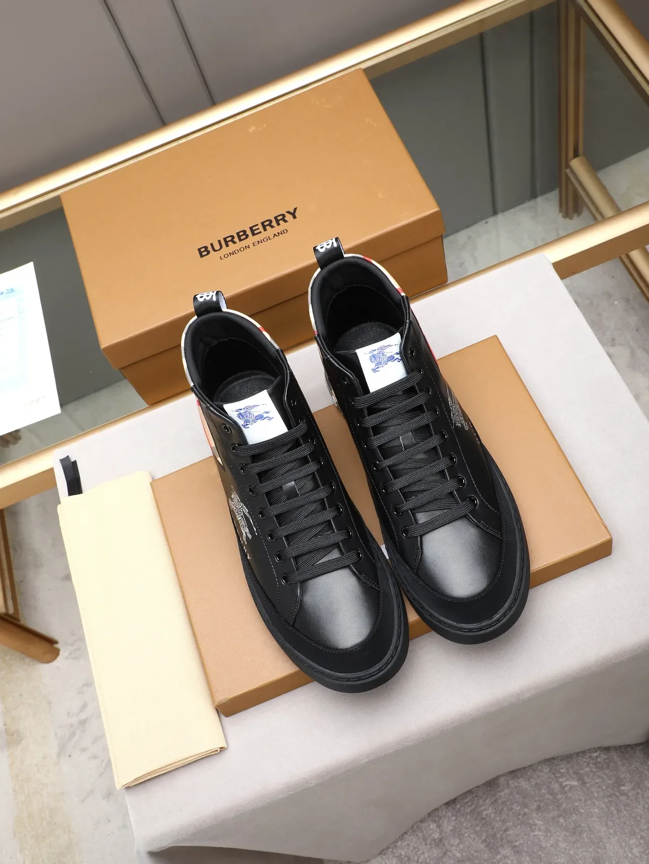 Burberry Knight Black Beige Red Check High-Top Lifestyle Sneaker 2