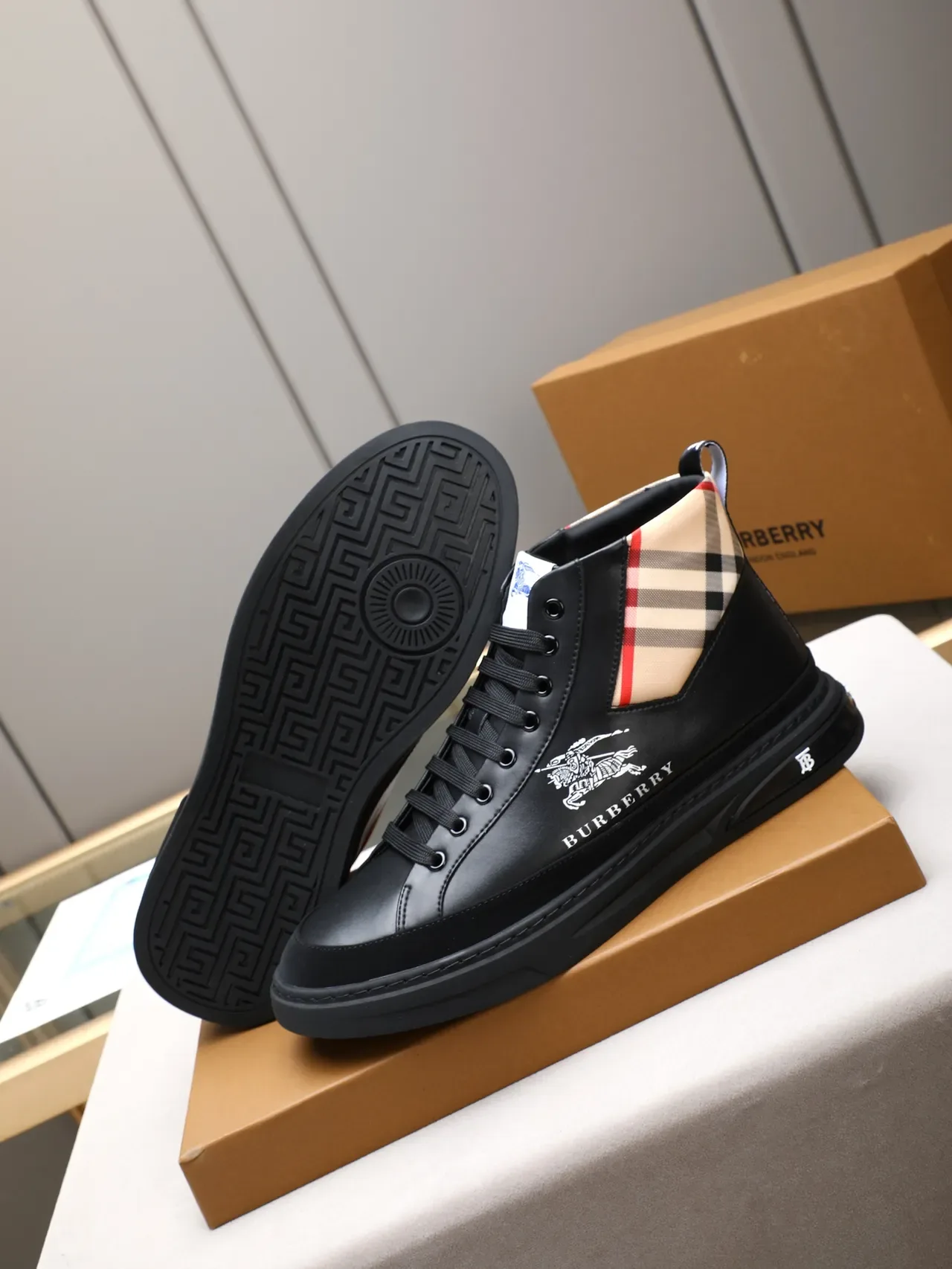 Burberry Knight Black Beige Red Check High-Top Lifestyle Sneaker 4