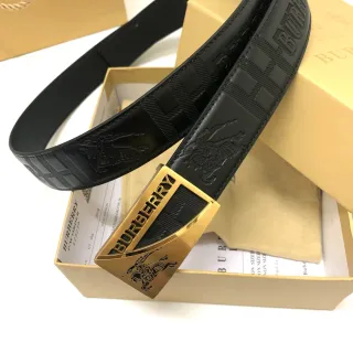 Burberry Knight Black Gold Embossed Check Pattern Equestrian Motif Leather Belt