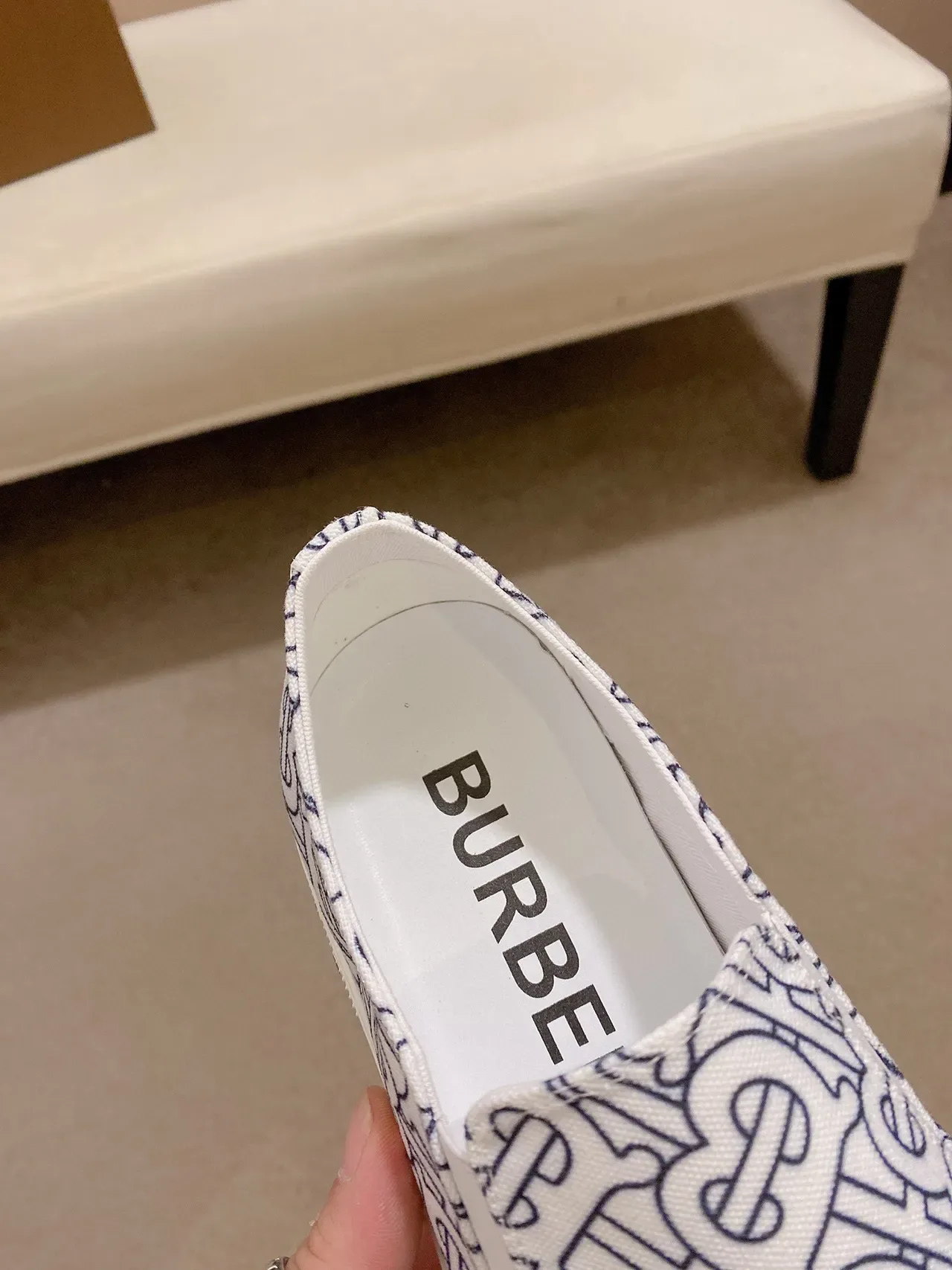 Burberry Lola White Blue Monogram-Printed Canvas Slip-On Lifestyle Sneakers 4
